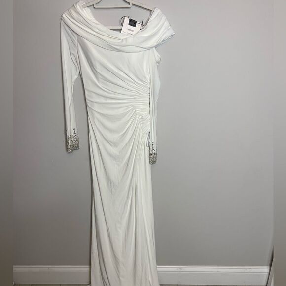 MAC DUGGAL BEADED CUFF DROP SHOULDER FAUX WRAP GOWN WHITE NWT (needs cleaning) - Picture 4 of 11